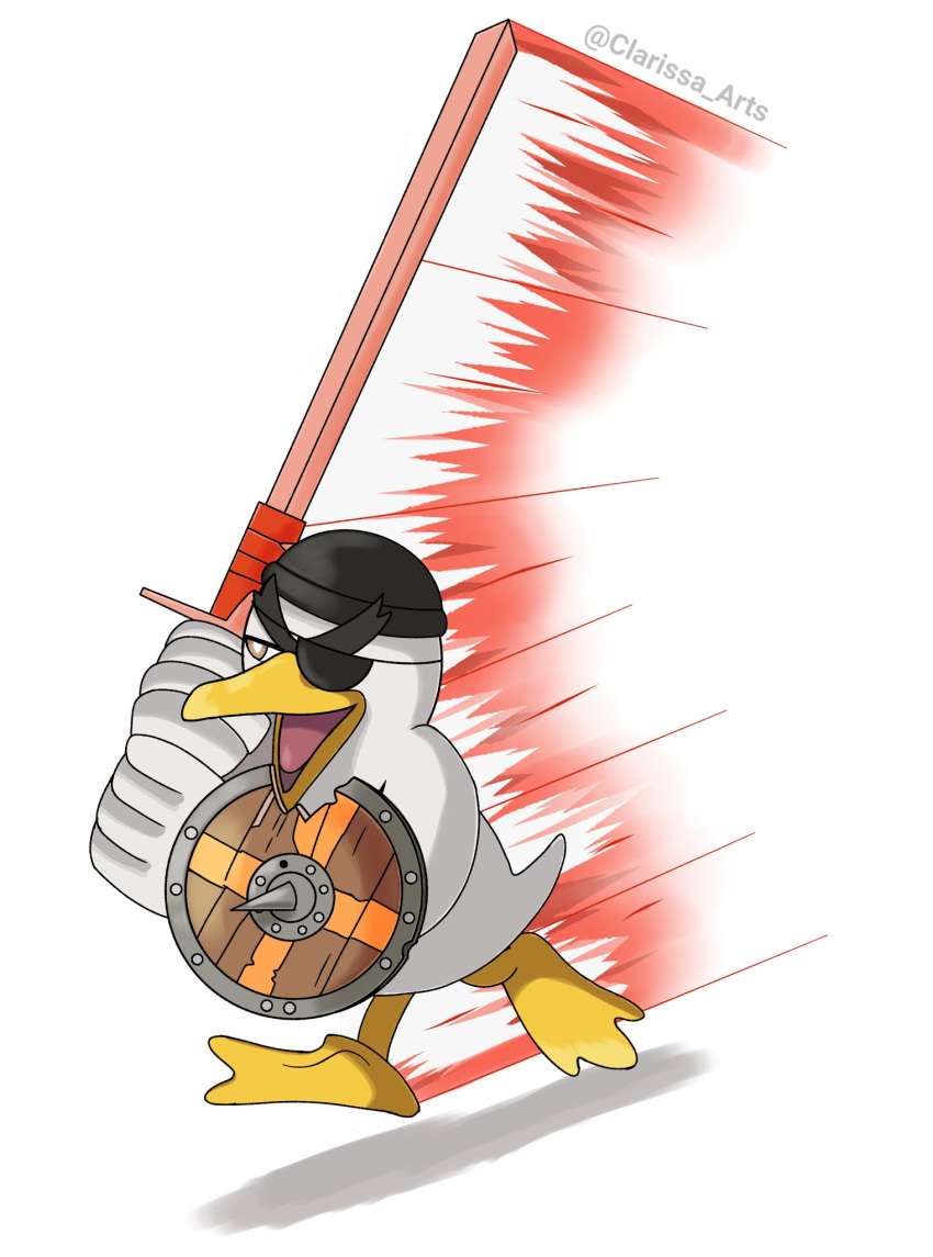 2019 ambiguous_gender avian beak bird clarissa_arts crossover demoman_(team_fortress_2) eye_patch eyewear feathers feral hi_res holding_object holding_sword holding_weapon melee_weapon nintendo open_mouth pok&eacute;mon pok&eacute;mon_(species) shield simple_background sirfetch'd solo sword team_fortress_2 valve video_games weapon white_background white_body white_feathers yellow_beak