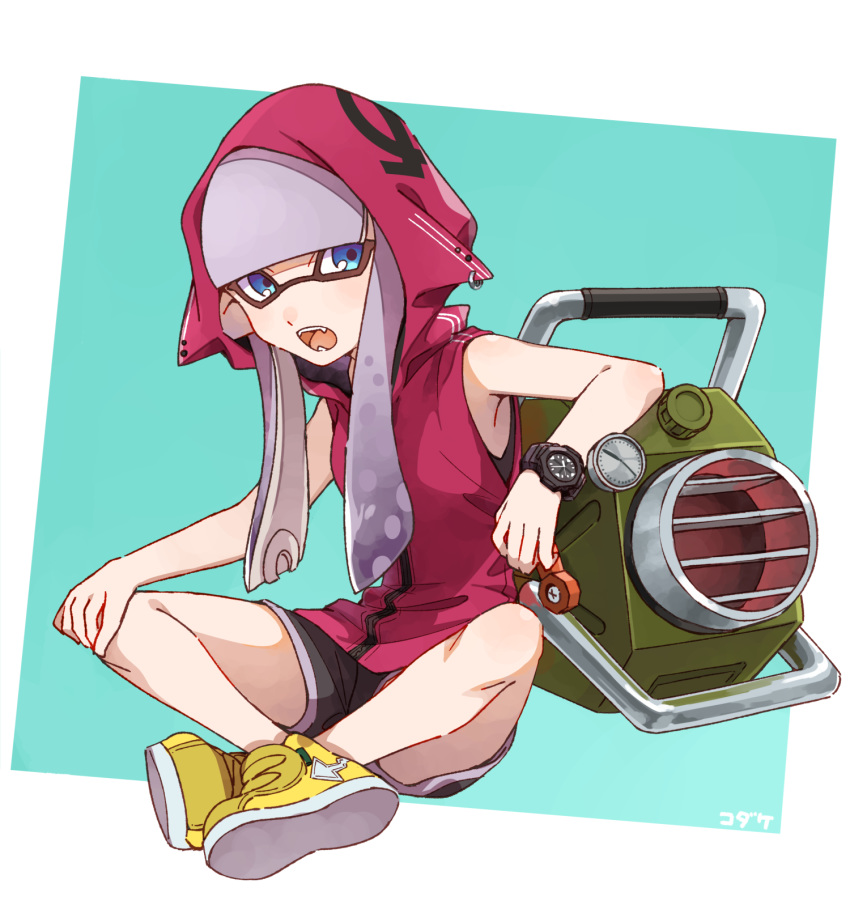 1girl artist_name bangs bike_shorts black_shorts blue_eyes blunt_bangs blunt_ends commentary domino_mask ear_piercing earrings explosher_(splatoon) fangs full_body green_background grey_hair gym_shorts hand_on_own_knee highres hood hood_down inkling jewelry long_hair looking_at_viewer mask no_legwear outside_border piercing pointy_ears red_shirt shirt shoes shorts signature sitting sleeveless sleeveless_shirt sneakers solo splatoon_(series) splatoon_2 stud_earrings takeko_spla tentacle_hair watch wristwatch yellow_footwear