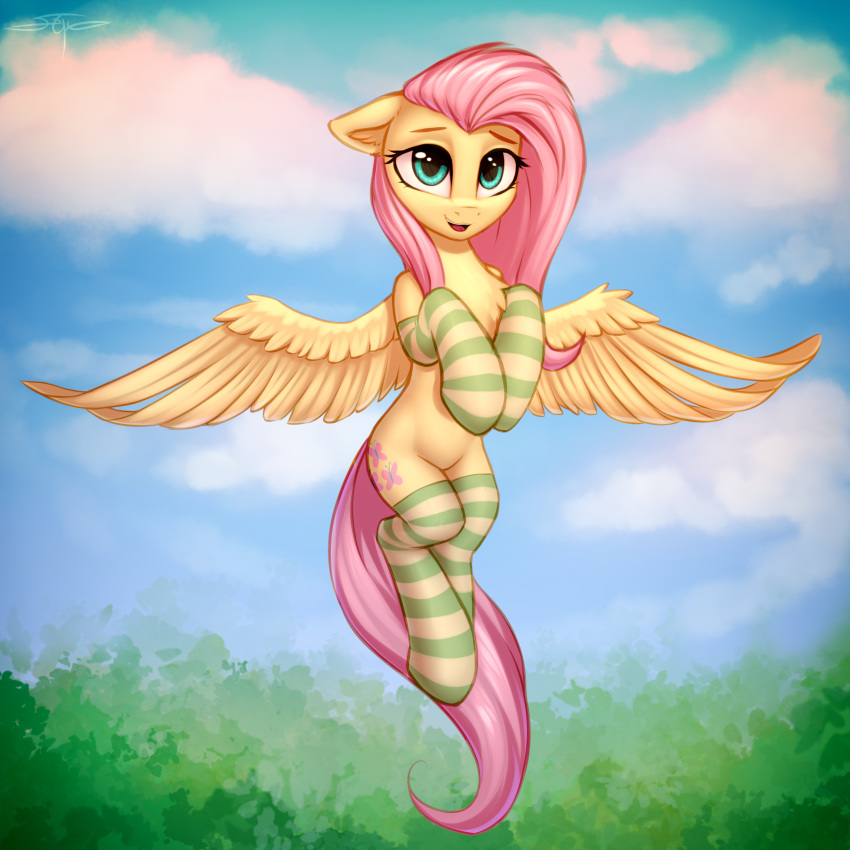 1:1 2020 absurd_res clothing cloud cutie_mark digital_media_(artwork) equid equine eyebrows eyelashes feathers female fluttershy_(mlp) friendship_is_magic hi_res legwear looking_at_viewer mammal my_little_pony outside pattern_clothing pattern_legwear pterippus setharu solo striped_clothing striped_legwear stripes teal_eyes wings