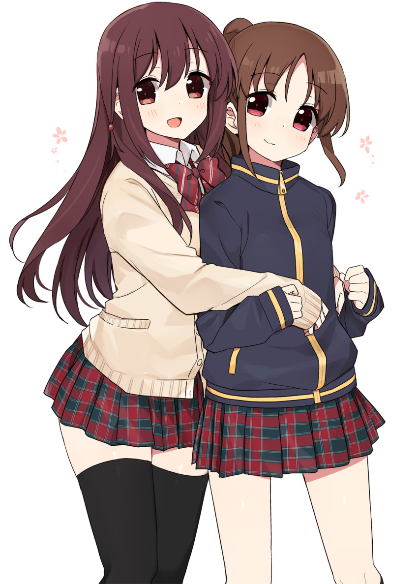 2girls :3 achiga_school_uniform bangs black_jacket black_legwear bow bowtie brown_eyes brown_hair cardigan closed_mouth diagonal-striped_neckwear diagonal_stripes dress_shirt eyebrows_visible_through_hair hair_bobbles hair_ornament highres hug hug_from_behind jacket long_hair long_sleeves looking_at_viewer matsumi_kuro miniskirt multiple_girls open_mouth plaid plaid_skirt pleated_skirt ponytail red_eyes red_neckwear red_skirt saki saki_achiga-hen school_uniform shirt shisoneri skindentation skirt smile standing striped striped_neckwear sweater takakamo_shizuno thighhighs track_jacket white_background white_shirt wing_collar yellow_sweater zipper