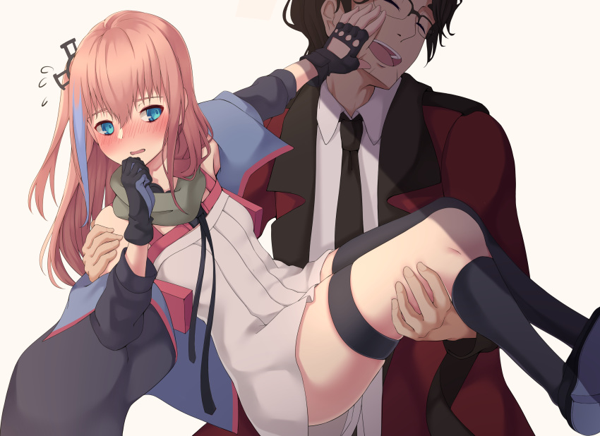 1boy 1girl absurdres beige_background black_gloves black_hair blue_eyes blush carrying closed_eyes commander_(girls_frontline) dress embarrassed english_commentary fingerless_gloves girls_frontline glasses gloves hair_ornament hairclip highres jacket kneehighs long_hair magatsuizanagi000 multicolored_hair necktie open_mouth parted_lips pink_hair princess_carry purple_jacket shirt short_hair simple_background single_kneehigh single_thighhigh sleeveless sleeveless_dress st_ar-15_(girls_frontline) streaked_hair thigh_strap thighhighs white_dress white_shirt