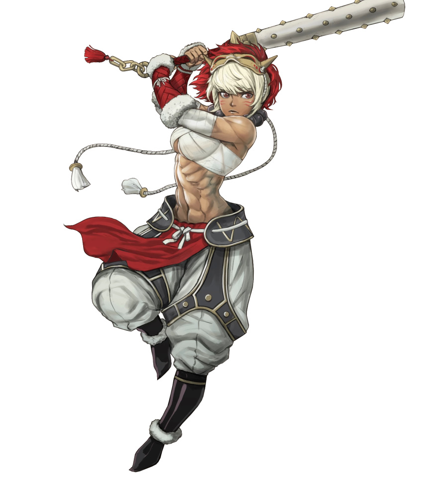 1girl abs bare_shoulders biceps boots breasts cleavage club dark_skin facial_mark fire fire_emblem fire_emblem_fates fire_emblem_heroes full_body fur_trim highres holding holding_weapon lips mask mask_on_head medium_breasts midriff muscle muscular_female navel official_art pants rinkah_(fire_emblem) sarashi solo spiked_club stomach weapon