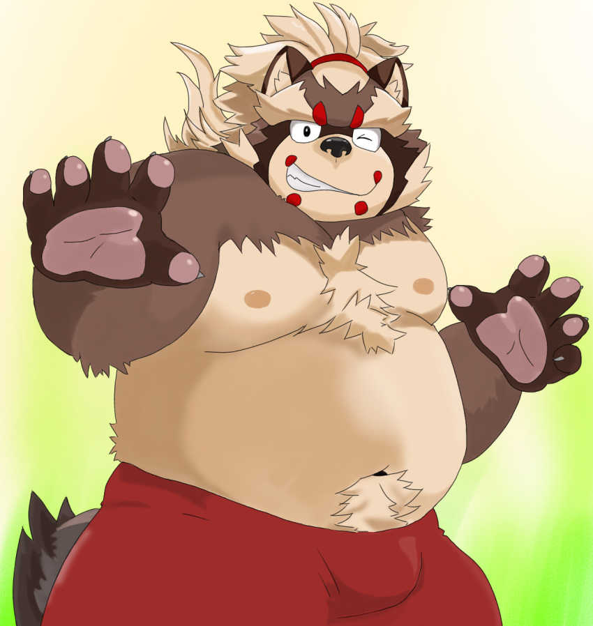 2020 anthro belly bottomwear brown_body brown_fur bulge canid canine clothing fur goemon_(tas) hi_res humanoid_hands kemono male mammal moobs navel nipples one_eye_closed overweight overweight_male pubes raccoon_dog shorts solo tanuki tokyo_afterschool_summoners video_games wink yukinari_ism