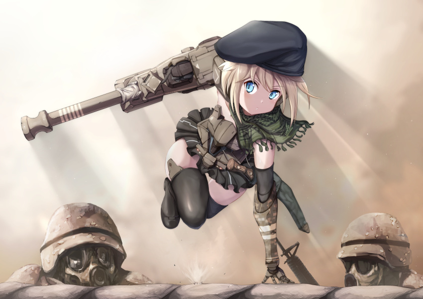 1girl 2others arm_support armor backlighting bangs beret black_footwear black_headwear black_skirt blonde_hair blue_eyes boots brown_headwear brown_sky camouflage cannon commentary dai_toro day eyebrows_visible_through_hair frame_arms_girl fringe_trim gas_mask gourai green_scarf gun hat helmet highres holding holding_weapon jumping knife light_particles looking_at_another looking_at_viewer machine_gun mecha_musume mechanical_arms microskirt multiple_others outdoors parted_lips sandbag scarf short_hair skirt solo sunlight thigh_boots thighhighs weapon