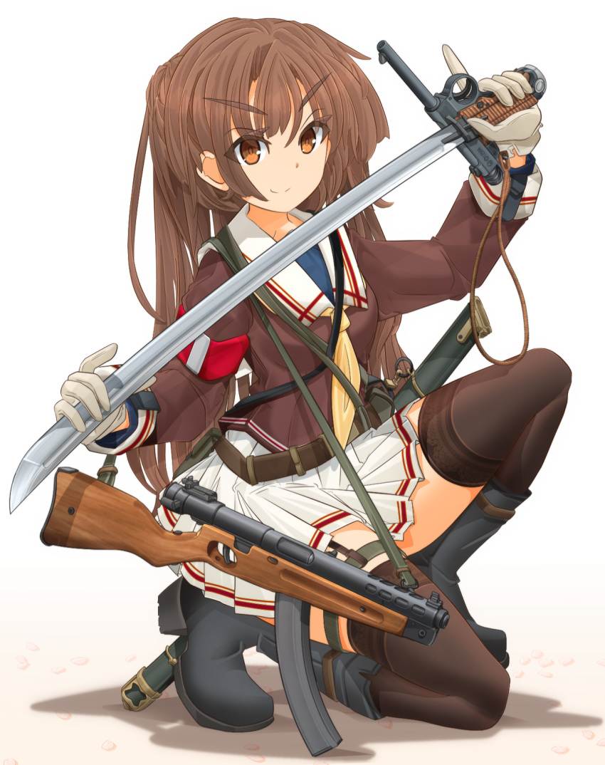 1girl armband bangs black_footwear boots brown_blouse brown_eyes brown_legwear carrying closed_mouth commentary_request double_horizontal_stripe eyebrows_visible_through_hair gloves gun gunblade handgun harness highres holding holding_gun holding_sword holding_weapon imperial_japanese_army long_hair long_sleeves looking_at_viewer mikeran_(mikelan) miniskirt nambu_type_14 neckerchief one_knee original partial_commentary pleated_skirt scabbard school_uniform serafuku shadow sheath skirt smile solo submachine_gun sword thigh_strap thighhighs trigger_discipline weapon white_background white_gloves white_skirt yellow_neckwear