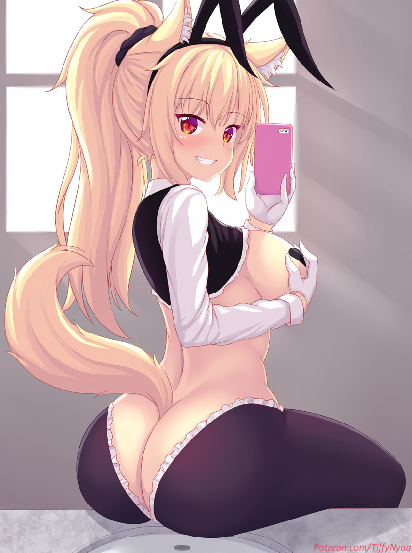 1girl animal_ear_fluff animal_ears artist_self-insert ass bangs black_scrunchie black_vest blonde_hair blush breasts bunny_ears bunny_girl bunnysuit cat_ears cat_girl cat_tail cellphone counter covered_nipples crop_top english_commentary eyebrows_visible_through_hair fast-runner-2024 gloves grin high_ponytail highres holding holding_phone indoors large_breasts meme_attire original pasties patreon_username phone red_eyes reverse_bunnysuit reverse_outfit scrunchie self_shot shirt sidelocks sink slit_pupils smartphone smile tail tiffy_(fast-runner-2024) vest watermark web_address white_gloves white_shirt window