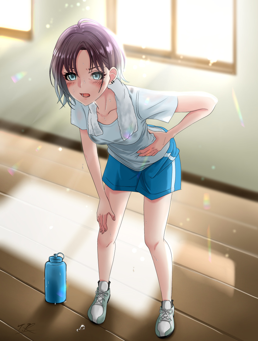 1girl :0 absurdres asakura_tooru bangs black_hair blue_eyes blue_shorts blush breasts collarbone container ear_piercing full_body hand_on_hip highres idolmaster idolmaster_shiny_colors indoors looking_at_viewer lower_teeth medium_breasts open_mouth piercing shirt short_hair short_sleeves shorts signature slouching solo sunlight sweat sweatdrop towel towel_around_neck two-tone_footwear varisr33gtr white_shirt window wooden_floor