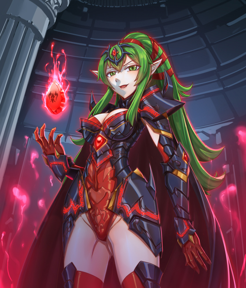 1girl armor armored_leotard ass_visible_through_thighs blush breasts cleavage commentary_request crystal dark_persona fire_emblem fire_emblem:_mystery_of_the_emblem fire_emblem_awakening gauntlets green_eyes green_hair hair_ornament hair_ribbon highleg highleg_leotard highres large_breasts leebigtree leotard long_hair looking_at_viewer magic older pauldrons pointy_ears red_ribbon ribbon smile solo thighhighs tiki_(fire_emblem)