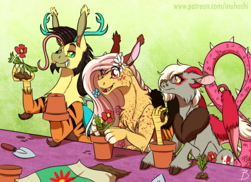 antlers blue_eyes chimera draconequus fan_character fangs female flower group hair hi_res horn hybrid inuhoshi-to-darkpen male my_little_pony paws pink_hair plant plant_pot serenity_(oc) sibling talons terracotta_pot