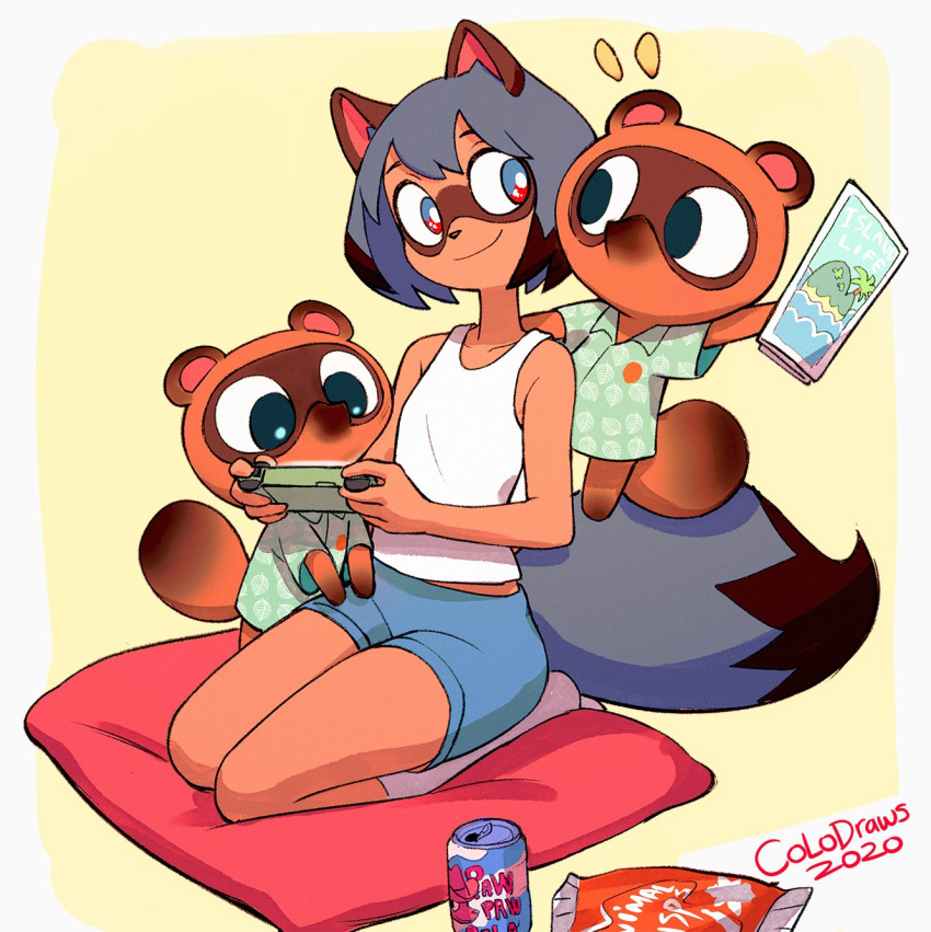 animal_crossing anthro beverage beverage_can blonde_hair blue_hair brand_new_animal brochure canid canine chips_(food) clothing colo facial_markings female food group hair head_markings hi_res kneeling legwear male mammal markings mask_(marking) michiru_kagemori nintendo nintendo_switch on_tail pillow raccoon_dog racoon_dog shirt smile socks soda studio_trigger tanuki timmy_nook tommy_nook topwear video_games