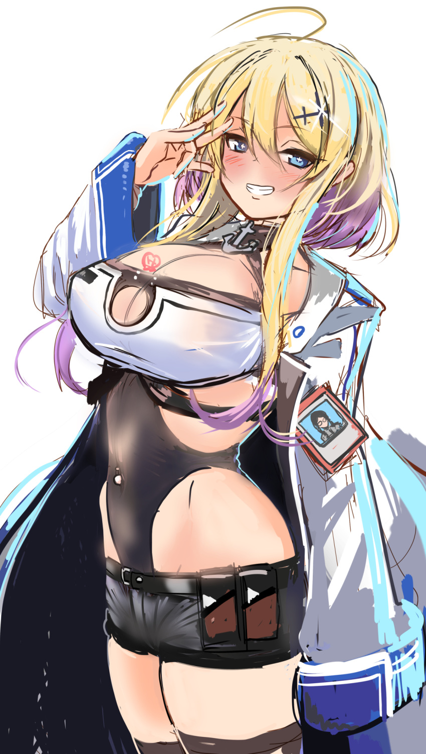 1girl ahoge arm_at_side azur_lane bangs black_shorts blonde_hair blue_eyes blush breast_tattoo breasts center_opening cleavage_cutout commentary_request covered_navel from_side gradient_hair grin groin hey_taishou highres id_card large_breasts looking_at_viewer manicure marblehead_(azur_lane) multicolored_hair navel navel_piercing piercing purple_hair short_hair_with_long_locks shorts sidelocks sketch smile solo standing tattoo