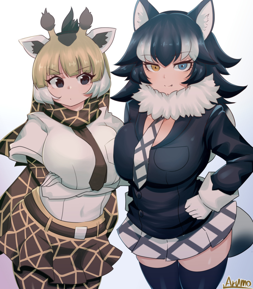 2girls absurdres animal_ears arm_at_side artist_name asymmetrical_docking bangs belt black_eyes black_hair blonde_hair blue_eyes bodystocking breast_press breasts brown_hair buttons closed_mouth covered_navel crossed_arms eyebrows_visible_through_hair fang fang_out fur_collar giraffe_ears giraffe_horns giraffe_print gloves grey_wolf_(kemono_friends) hand_on_hip heterochromia highres impossible_clothes impossible_jacket impossible_shirt jacket kemono_friends large_breasts long_hair long_sleeves looking_at_another looking_at_viewer looking_to_the_side multicolored_hair multiple_girls necktie orange_eyes raised_eyebrow reticulated_giraffe_(kemono_friends) ryuusui_arumo scarf shirt short_over_long_sleeves short_sleeves side-by-side skirt smile tail two-tone_hair white_hair wolf_ears wolf_girl wolf_tail