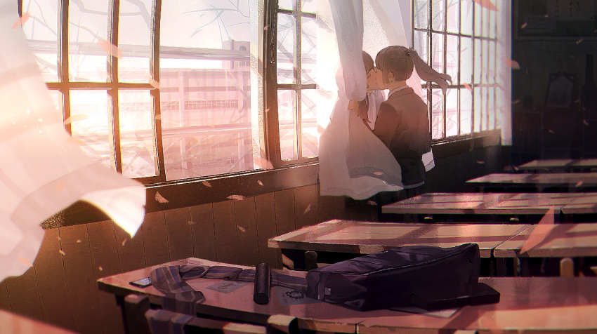 2girls bag bangs blunt_bangs bracelet brown_hair building cellphone classroom closed_eyes curtains desk idoukunn indoors jewelry kiss long_hair multiple_girls original paper petals phone ponytail school_bag school_uniform standing uniform white_curtains window yuri