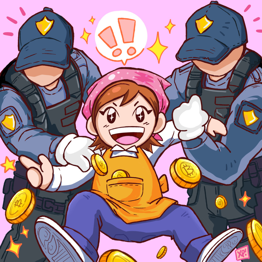 !! 1girl 2boys absurdres apron bandana bangs bitcoin brown_hair cooking_mama english_commentary faceless faceless_male hat highres long_sleeves mama_(cooking_mama) money multiple_boys open_mouth pants pink_background pocket police police_uniform policeman shirt signature simple_background sparkle star uniform white_shirt xsplosive yellow_apron