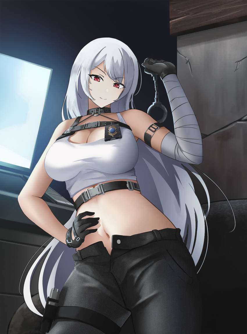 1girl azur_lane bandaged_arm bandages bare_shoulders black_gloves black_pants blush breasts choker cleavage crop_top cuffs eyebrows_visible_through_hair gan-viking gloves gun hair_between_eyes hair_ornament handcuffs handgun highres large_breasts long_hair looking_at_viewer midriff navel pants police_badge red_eyes shirt silver_hair solo sovetskaya_rossiya_(azur_lane) sovetskaya_rossiya_(the_lackadaisical_lookout)_(azur_lane) very_long_hair weapon