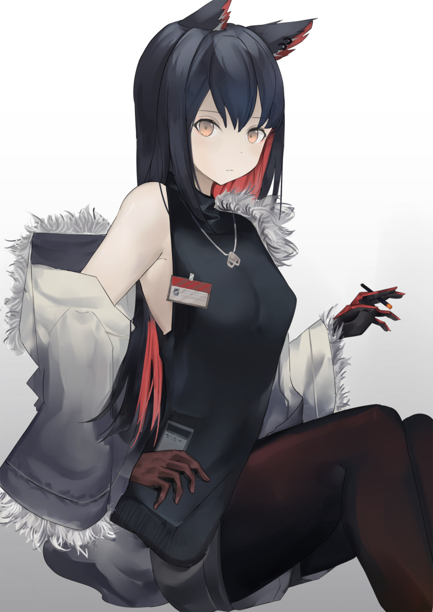 1girl animal_ears arknights bangs bare_shoulders black_hair black_legwear black_shirt breasts brown_eyes cigarette commentary_request feet_out_of_frame fur-trimmed_jacket fur-trimmed_sleeves fur_trim gradient gradient_background grey_background highres holding holding_cigarette id_card jacket jewelry long_hair long_sleeves looking_at_viewer medium_breasts multicolored_hair necklace off_shoulder pantyhose partial_commentary red_hair ruisha shirt sitting sleeveless sleeveless_shirt solo texas_(arknights) white_background white_jacket wide_sleeves wolf_ears