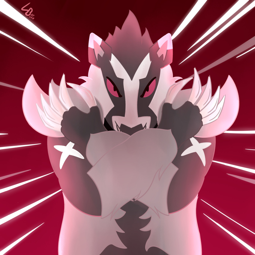 1:1 2020 claws digital_media_(artwork) fur galarian_linoone galarian_zigzagoon hair hi_res luban_(artist) male mammal mustelid nintendo obstagoon pok&eacute;mon pok&eacute;mon_(species) regional_form_(pok&eacute;mon) simple_background smile solo teeth video_games