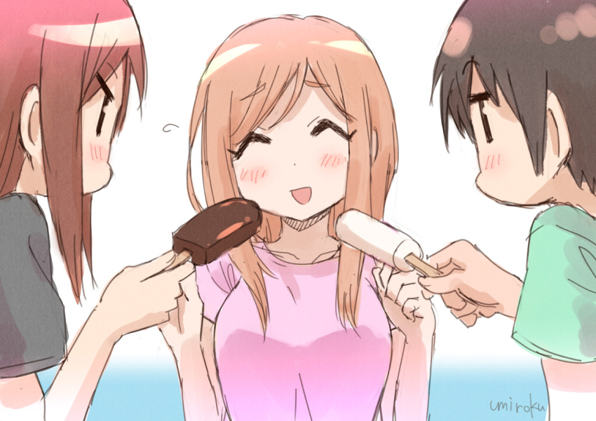 3girls :d ^_^ aikawa_chiho bangs black_shirt blue_background blush breasts brown_hair closed_eyes collarbone commentary_request eyebrows_visible_through_hair flying_sweatdrops food gradient gradient_background green_shirt hair_between_eyes hands_up hasegawa_fumi holding holding_food ice_cream light_brown_hair long_hair medium_breasts multiple_girls okano_kei open_mouth pink_shirt profile shirt short_sleeves signature smile swept_bangs umiroku upper_body white_background yuyushiki