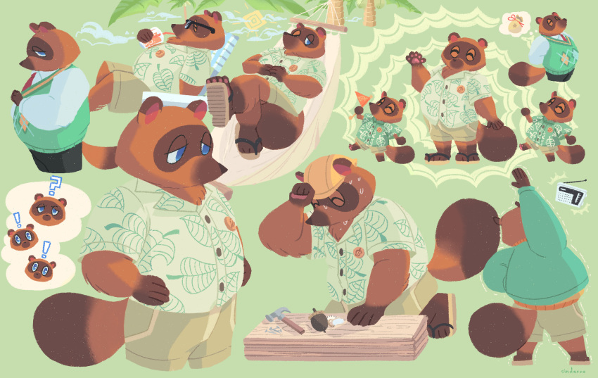 ! 2020 ? animal_crossing anthro belly blue_eyes bodily_fluids bottomwear brown_body brown_fur butt canid canine cinderoo clothing eyewear footwear fur group hi_res humanoid_hands male mammal necktie nintendo overweight overweight_male pants raccoon_dog sandals shirt sitting sunglasses sweat tanuki timmy_nook tom_nook_(animal_crossing) tommy_nook topwear video_games