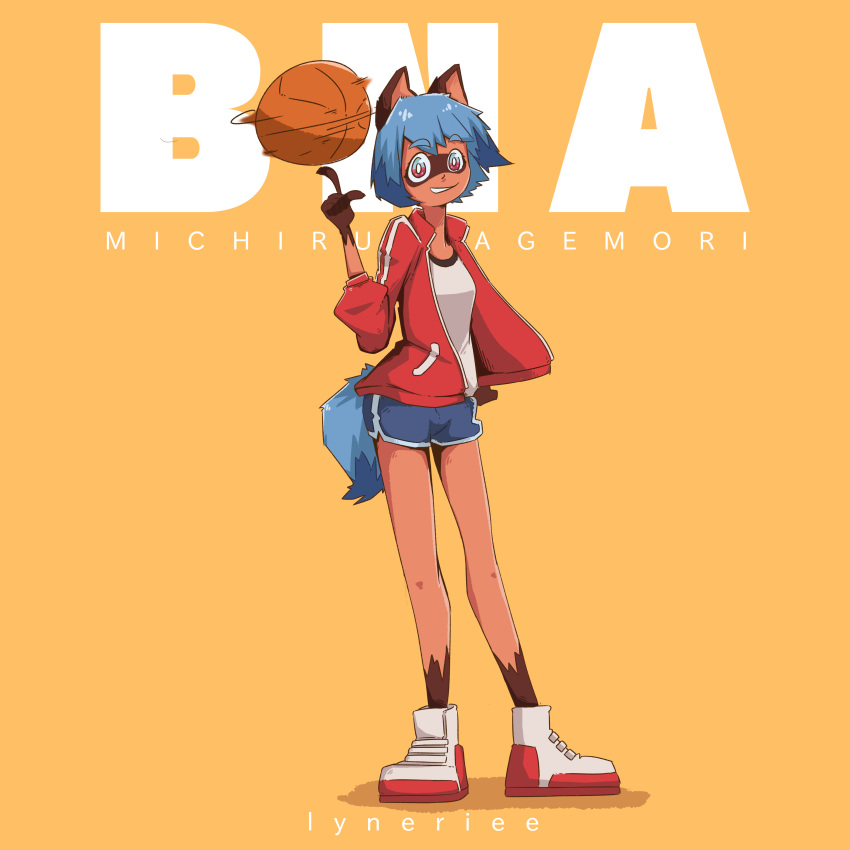 1:1 2020 absurd_res anime anthro ball basketball_(ball) blue_body blue_eyes blue_hair bottomwear brand_new_animal breasts brown_body brown_fur canid canine clothed clothing female fingers fluffy fluffy_tail footwear fur hair hand_on_hip hi_res jacket looking_at_viewer lyneriee mammal michiru_kagemori multicolored_eyes open_jacket pink_eyes raccoon_dog shoes short_hair smile solo standing studio_trigger tanuki topwear