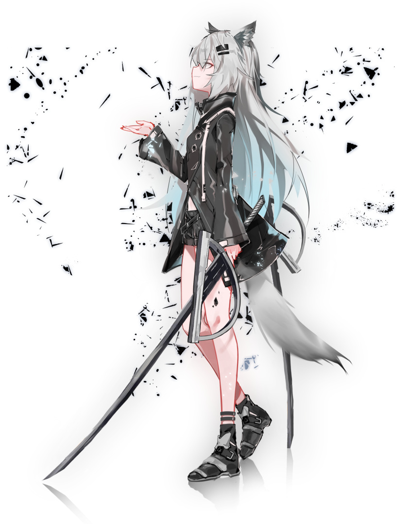 1girl absurdres animal_ear_fluff animal_ears arknights bangs bare_legs black_footwear black_jacket black_shorts errorer1980 from_side full_body hair_ornament hairclip hand_up high_collar highres holding holding_sword holding_weapon jacket lappland_(arknights) left-handed long_hair long_sleeves ore_lesion_(arknights) profile shoes short_shorts shorts silver_hair simple_background smile solo standing sword tail weapon white_background wolf_ears wolf_tail