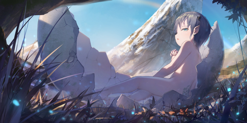 1girl bangs barefoot black_hair blue_eyes breasts chestnut_mouth day dragon_girl dragon_horns eggshell eyelashes grass hatching highres horns leaning_to_the_side light_particles looking_away mountain nature nude observerz original outstretched_leg parted_lips pointy_ears short_hair signature sitting sky solo