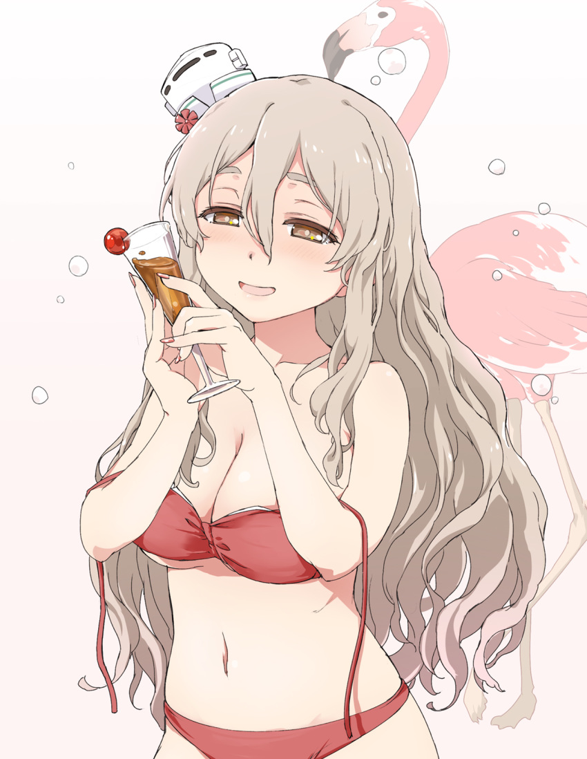 1girl aka_ringo bangs bikini bird blush breasts brown_eyes cleavage cup drinking_glass flamingo hair_between_eyes half-closed_eyes hat highres holding holding_cup kantai_collection large_breasts light_brown_hair long_hair nail_polish navel open_mouth pola_(kantai_collection) red_bikini red_nails simple_background solo swimsuit untied untied_bikini wavy_hair