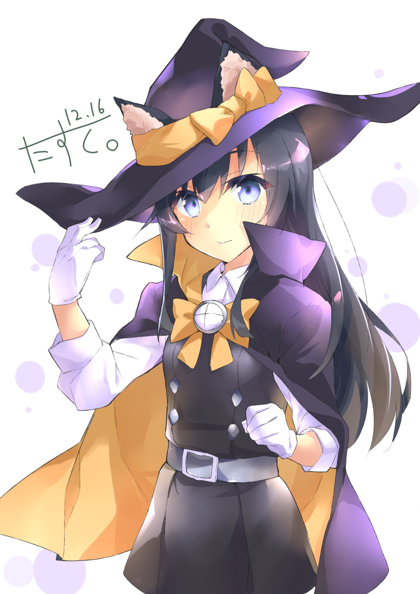 1girl absurdres artist_name asashio_(kantai_collection) black_hair blue_eyes blush cape dated eyebrows_visible_through_hair gloves hair_between_eyes halloween halloween_costume hat highres kantai_collection long_hair multicolored multicolored_cape multicolored_clothes narumiya_(empty_cafe) remodel_(kantai_collection) signature solo white_gloves witch_hat