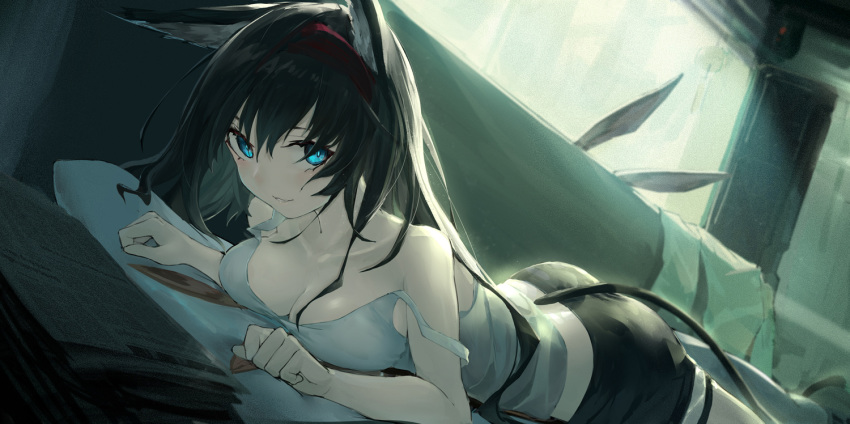 1girl animal_ears arknights ass bangs bare_arms bare_shoulders black_hair black_shorts blaze_(arknights) blue_eyes breasts camisole commentary_request hair_between_eyes indoors large_breasts long_hair looking_at_viewer lying mag_(mag42) midriff_peek on_stomach parted_lips shorts solo strap_slip tail