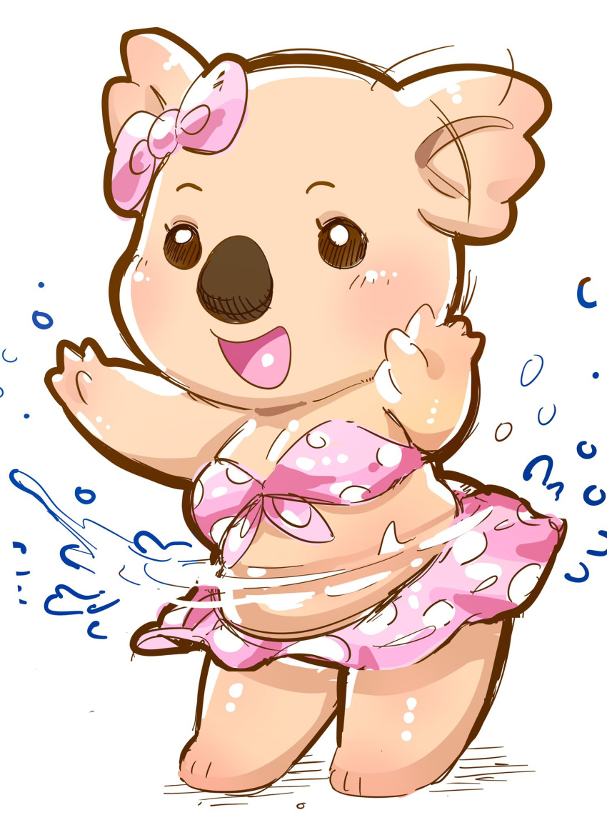 4_fingers beady_eyes big_nose bikini black_nose blush bow_tie breasts clothed clothing ear_twitch eyelashes female fingers fully_clothed fur glistening glistening_eyes hi_res koala mammal marsupial motion_lines open_mouth open_smile pattern_clothing pattern_swimwear pink_bikini pink_bow pink_clothing pink_swimwear simple_background smile solo spots spotted_bikini spotted_clothing spotted_swimwear standing swimwear tan_body tan_fur uyu vombatiform water_drop wet white_background