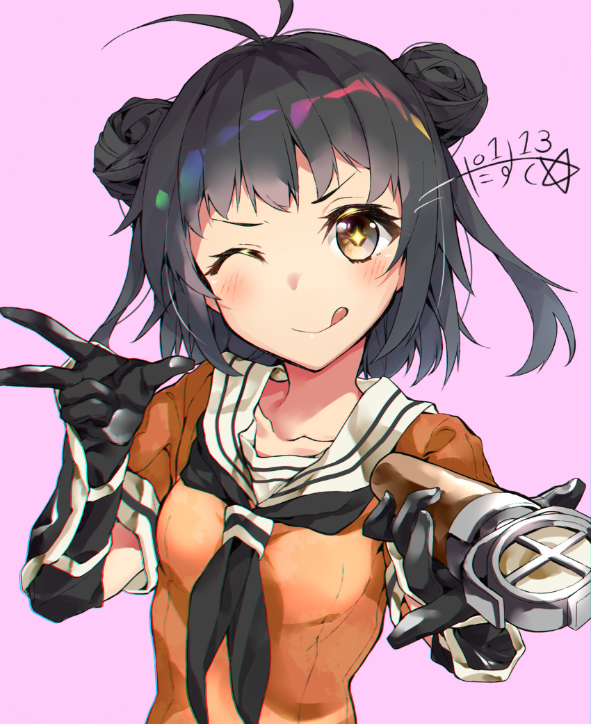 1girl absurdres ahoge artist_name black_hair blush brown_eyes dated double_bun highres kantai_collection naka_(kantai_collection) narumiya_(empty_cafe) one_eye_closed pink_background short_hair signature simple_background smile solo tongue tongue_out