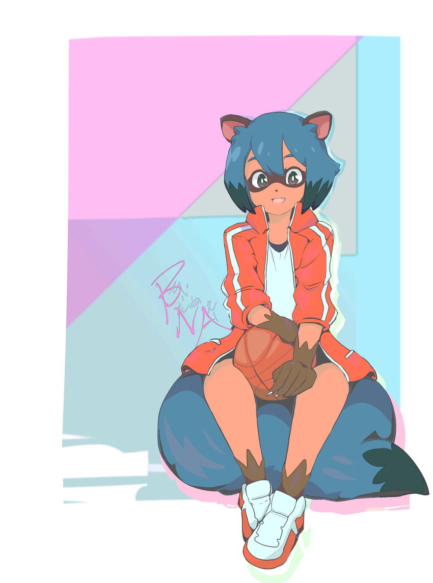 2020 5_fingers absurd_res anime anthro ball basketball_(ball) blue_body blue_fur blue_hair brand_new_animal brown_body brown_eyes brown_fur canid canine clothed clothing female fingers fluffy fluffy_tail footwear fur ggxwx hair hi_res holding_object jacket looking_at_viewer mammal michiru_kagemori open_mouth raccoon_dog shoes sitting sitting_on_tail solo studio_trigger tanuki topwear