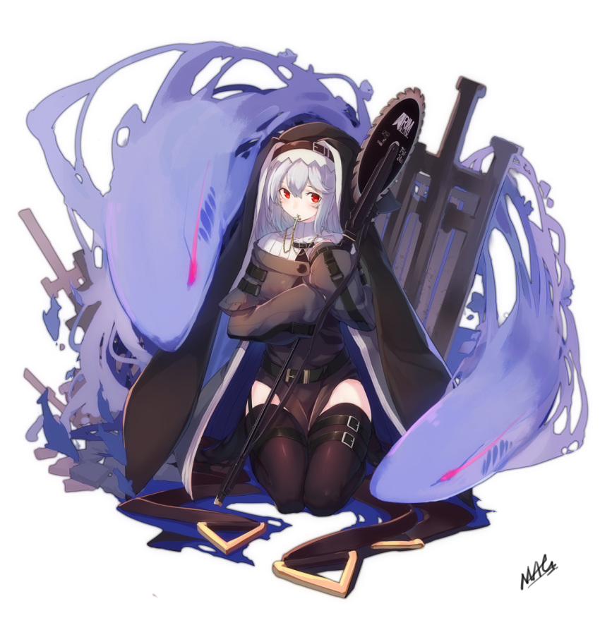 1girl arknights artist_name aura belt black_dress black_legwear breasts chainsaw circular_saw cross cross_necklace dress full_body habit hair_between_eyes highres jewelry long_hair long_sleeves looking_at_viewer mag_(mag42) medium_breasts mouth_hold necklace nun pelvic_curtain red_eyes ribbed_sweater seiza signature silver_hair simple_background sitting sleeves_past_wrists solo specter_(arknights) spirit strap sweater thigh_strap thighhighs thighs turtleneck white_background white_sweater