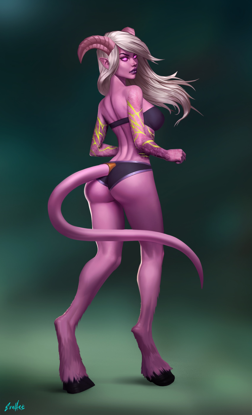 blizzard_entertainment bra breasts butt clothing draenei evulchibi female hair hi_res horn horned_humanoid humanoid humanoid_pointy_ears long_hair looking_at_viewer looking_back not_furry panties solo underwear video_games warcraft