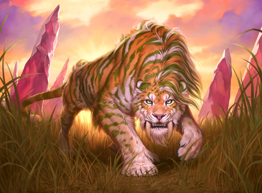 4_toes black_lips caraid day detailed_background felid feral grass lips looking_at_viewer machairodontine male mammal outside pantherine paws pink_nose sky solo standing tiger toes yellow_eyes