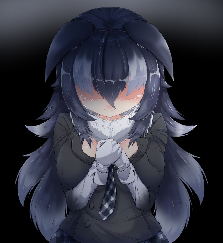 absurdres animal_ears black_background black_hair breast_pocket breasts ears_down fang fang_out fur_collar gloves gradient gradient_background grey_wolf_(kemono_friends) highres kemono_friends large_breasts long_hair multicolored_hair plaid_neckwear pocket shaded_face tears two-tone_hair white_background white_gloves white_hair wolf_ears wolf_girl yeo_arin