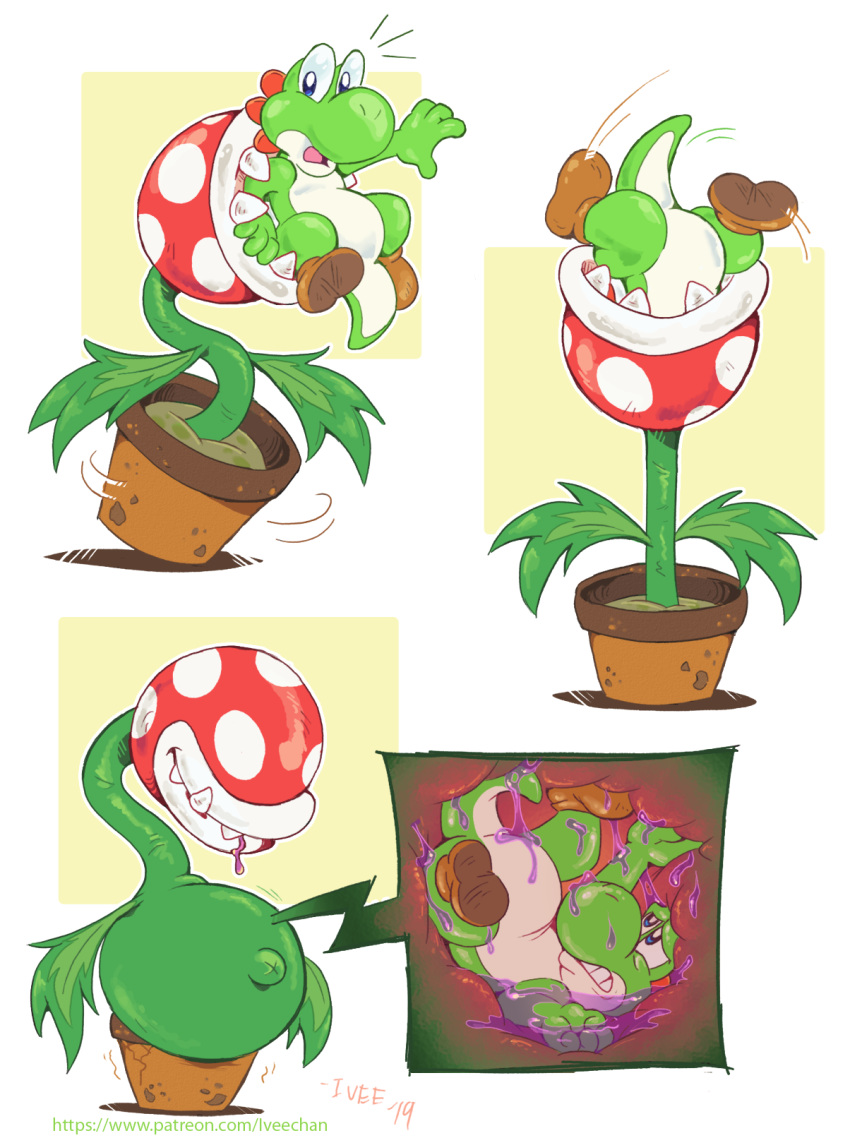 2019 abdominal_bulge ambiguous_gender belly_expansion bodily_fluids clothing comic drooling duo elemental_creature flora_fauna footwear forced green_body hi_res inflation internal iveechan mario_bros navel nintendo oral_vore outie_navel piranha_plant plant potted_plant red_body saliva sharp_teeth shoe_soles shoes spots stomach_acid struggling swallowing teeth text url video_games vore white_body yoshi yoshi_(character)