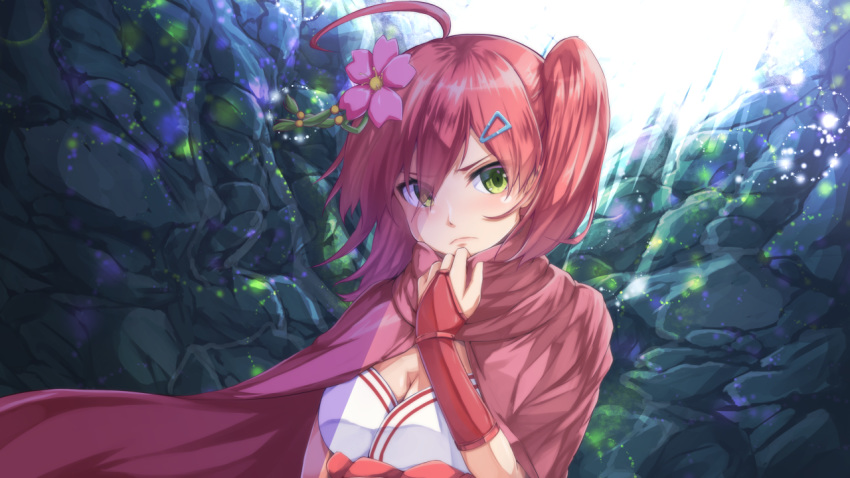 1girl ahoge alternate_costume azunyannsaiko-o breasts cherry_blossoms cleavage closed_mouth flower green_eyes hair_between_eyes hair_flower hair_ornament hairclip hololive making-of_available one_side_up pink_hair sakura_miko solo upper_teeth virtual_youtuber