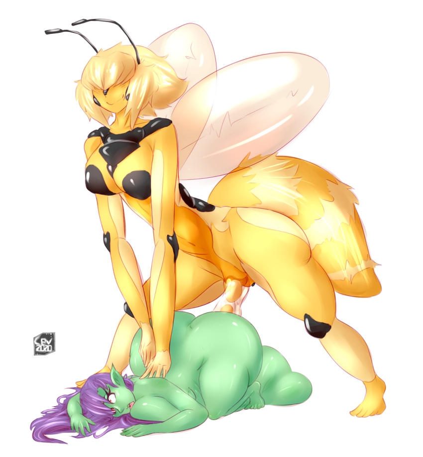 2020 all_fours animal_humanoid antennae_(anatomy) arthropod arthropod_abdomen arthropod_humanoid ass_up bee bee_humanoid big_breasts big_butt blonde_hair breasts brown_eyes butt cev doggystyle duo egg female from_behind_position goblin green_body green_skin hair hair_over_eyes herm herm/female herm_penetrating hi_res humanoid humanoid_pointy_ears hymenopteran hymenopteran_humanoid impregnation insect insect_humanoid insect_wings intersex intersex/female intersex_penetrating long_hair oviposition penetration purple_hair sex short_hair short_stack size_difference slynxia tongue tongue_out translucent translucent_wings wings yellow_body