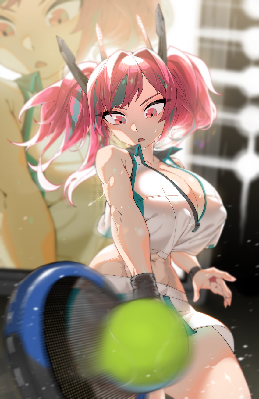 1girl absurdres azur_lane ball bare_shoulders breasts bremerton_(azur_lane) bremerton_(scorching-hot_training)_(azur_lane) center_opening cleavage collared_shirt covered_nipples crop_top flying_sweatdrops green_hair hair_between_eyes hair_intakes highres huge_breasts lights long_hair looking_down midriff miniskirt multicolored_hair navel no_bra open_mouth pink_eyes pink_hair pinkboy pleated_skirt racket shirt skirt sleeveless sleeveless_shirt sportswear streaked_hair sweat sweatband tennis tennis_ball tennis_racket tennis_uniform twintails two-tone_shirt two-tone_skirt zipper_pull_tab zoom_layer