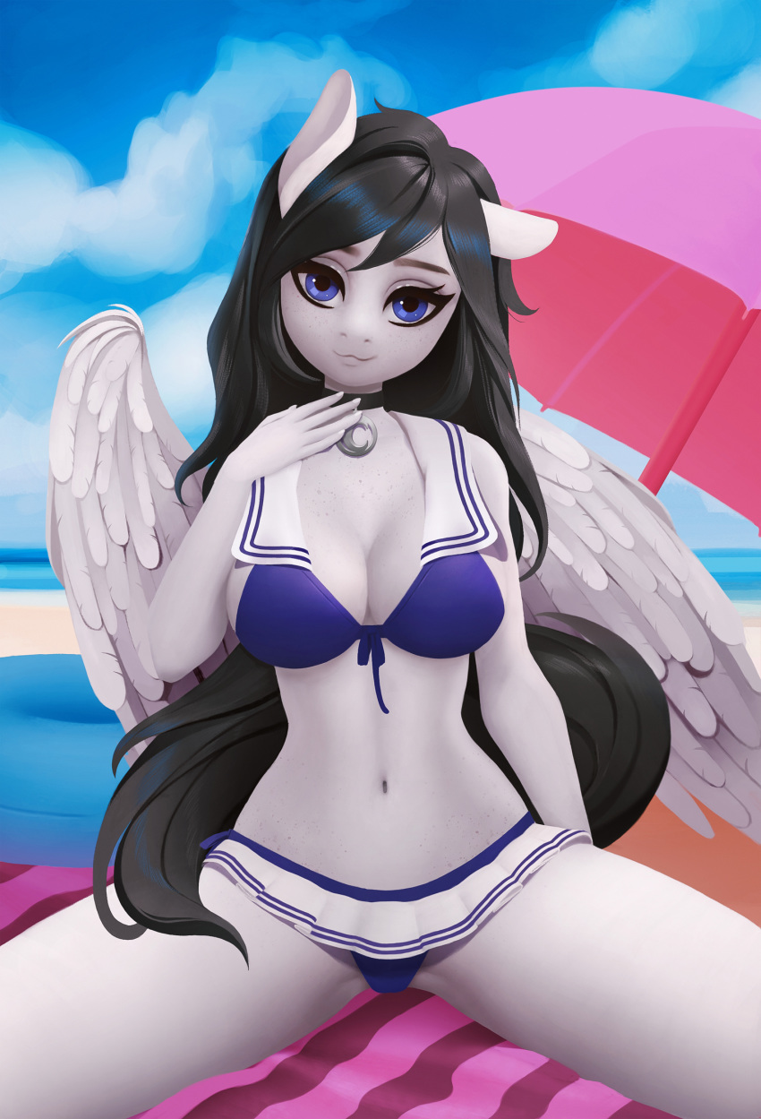 beach bikini bottomwear clothing equid equine female frieder1 hi_res lamika mammal navel pterippus seaside skirt solo swimwear umbrella wings