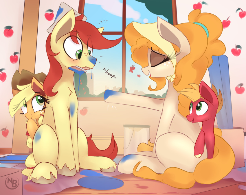 2020 applejack_(mlp) big_macintosh_(mlp) bright_mac_(mlp) brush clothing daughter detailed_background earth_pony equid equine eyebrows eyelashes eyes_closed family father father_and_child father_and_daughter father_and_son female feral friendship_is_magic group hat headgear headwear hi_res horse mammal mother mother_and_child mother_and_daughter mother_and_son mouth_hold my_little_pony nevobaster paint paintbrush parent parent_and_child pear_butter_(mlp) pony smile son window young