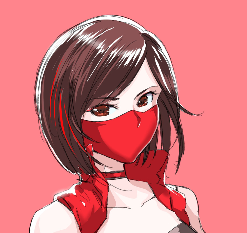 1girl bare_shoulders bra brown_eyes brown_hair collar collarbone commentary english_commentary highres jacket looking_at_viewer mask mayo_riyo meiko mouth_mask portrait red_background red_collar red_jacket short_hair solo underwear vocaloid