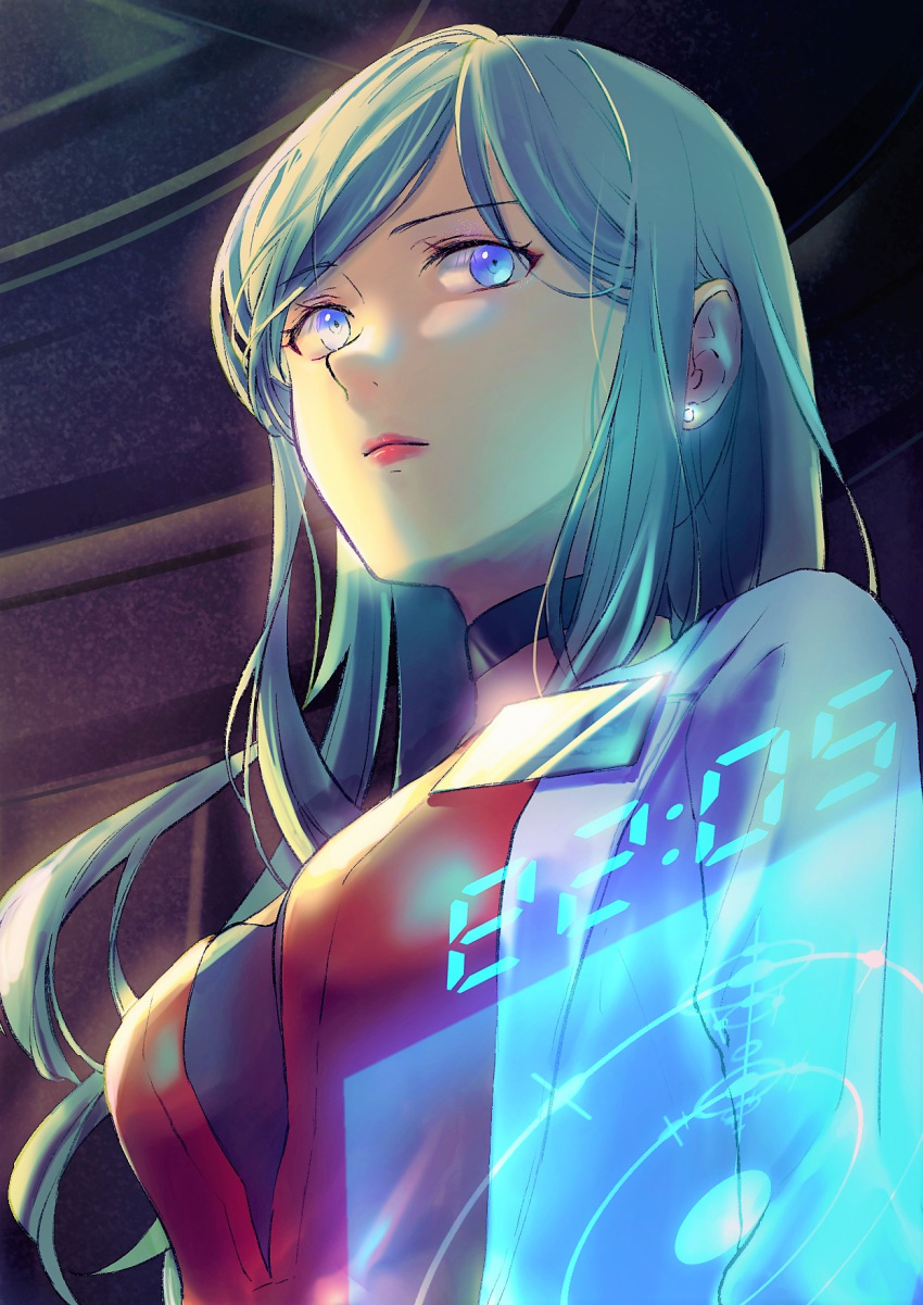 1girl black_choker blue_eyes breasts choker dress from_below fuwamoko_momen_toufu galatea_(xenoblade) highres holographic_interface indoors labcoat lips long_hair medium_breasts name_tag red_dress solo xenoblade_(series) xenoblade_2