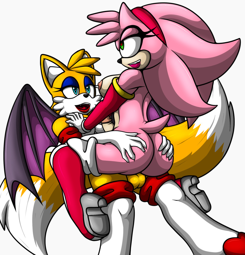 &lt;3 &lt;3_eyes amy_rose anthro armwear balls boots breasts butt clothing cowgirl_position crossgender duo elbow_gloves footwear genitals gloves gynomorph gynomorph/gynomorph handwear hi_res intersex intersex/intersex legwear miles_prower nipples on_top penis sex snowyowlkonnen sonic_the_hedgehog_(series) thigh_boots thigh_highs