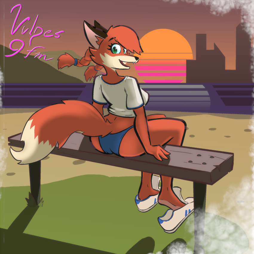 1:1 2020 anthro aygee black_nose breasts butt canid canine clothing english_text female footwear fox green_eyes hi_res looking_at_viewer looking_back mammal open_mouth outside rear_view shirt shoes sitting smile solo sunset text topwear water
