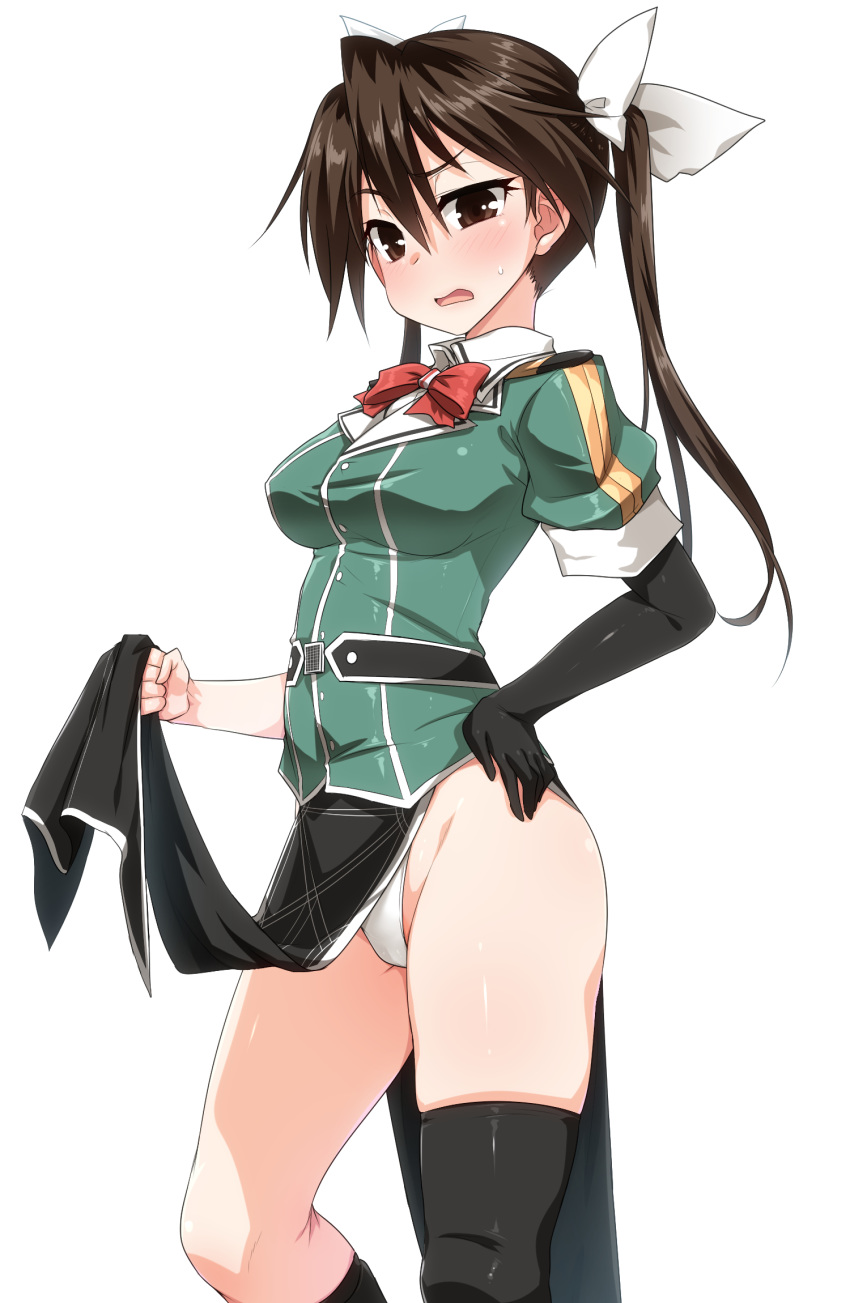 1girl bangs black_gloves black_legwear blush breasts brown_eyes brown_hair commentary_request elbow_gloves eyebrows_visible_through_hair gloves hair_ribbon hand_on_hip highres kantai_collection long_hair medium_breasts military military_uniform open_mouth pelvic_curtain red_neckwear remodel_(kantai_collection) ribbon short_sleeves simple_background single_elbow_glove single_glove skindentation solo sweat tone_(kantai_collection) twintails uniform white_background white_ribbon yoshi_tama