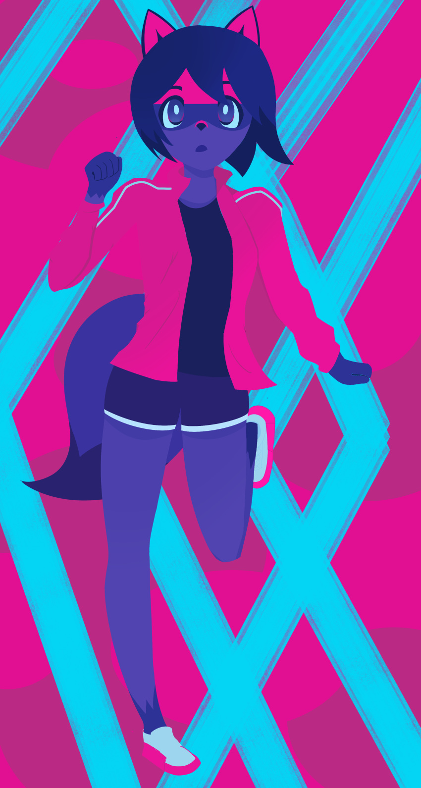 2020 5_fingers abstract_background absurd_res anthro brand_new_animal canid canine clothed clothing female fingers fluffy fluffy_tail fur hair hi_res jacket looking_at_viewer mammal michiru_kagemori on_one_leg open_mouth raccoon_dog restricted_palette savageboi132 short_hair solo standing studio_trigger tanuki topwear