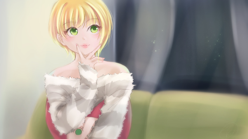 1girl bare_shoulders blonde_hair blurry blurry_background couch curtains eyebrows_visible_through_hair flower fur_sweater green_eyes highres idolmaster idolmaster_cinderella_girls ishita_teru long_eyelashes miyamoto_frederica object_hug off-shoulder_sweater off_shoulder pink_lips short_hair sitting striped striped_sweater sweater ueki-chan