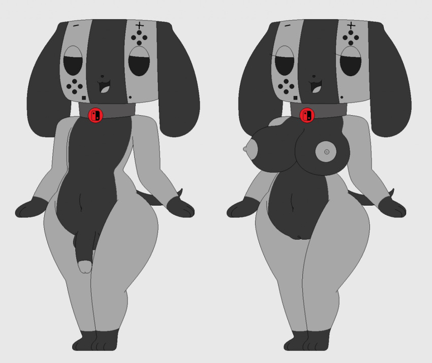 animate_inanimate anthro big_breasts breasts canid collar duo female floppy_ears genitals half-closed_eyes looking_at_viewer male mammal narrowed_eyes nintendo nintendo_switch nipples nude open_mouth penis pussy short_stack simple_background smile standing switch_dog thick_thighs tongue toonfan0 video_games white_background wide_hips